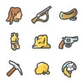 Vector Set of Redskin Icons. Red man, Shotgun, Canoe, Torch, Canyon, Revolver, Mining, Gold, Parrot.