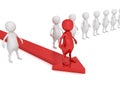 Red individual 3d man on arrow moving forvard out from crowd Royalty Free Stock Photo