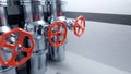 Red industrial valves on stainless steel pipelines. Clean, modern industrial background. Digital render