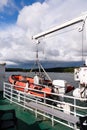 A red inflatable lifeboat with motor on board a ferry