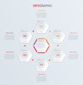 Red timeline infographic design vector. 6 steps, honeycomb workflow layout. Vector infographic timeline template.