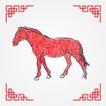 Red ink drawing line art , horse zodiac