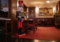 Red interior of cafe with Christmas decorations