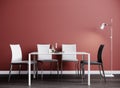 Red interior dining room with white and black chairs, wall mock up, 3d rendering Royalty Free Stock Photo