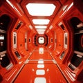 Sci fi red interior hallway inside a futuristic star ship