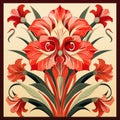 Red Iris Flower And Leaves Design: Art Nouveau Inspired Decorative Element