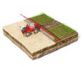 Red irrigation machine improves desert by spraying water and turns it into fertile land with lot of green plants, located on a