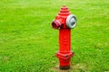 Red isolated fire hydrant sits in a freshly cut grass field Royalty Free Stock Photo