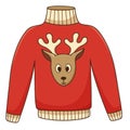 Red jacket with a cute deer. A warm sweater. Autumn clothing. Design element with outline. Autumn theme. Doodle, hand
