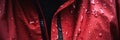 A red jacket with water droplets on it. Generative AI image. Royalty Free Stock Photo