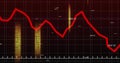 Red jagged line chart fluctuating on dashboard, with grid, numeric labels, ticked axis, yellow bars Royalty Free Stock Photo