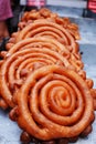 Red JALEBI sweet item: Street food closeup view at Dhaka