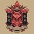 The red japan kitsune mask with samurai vector art illustration