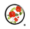 Red japanese camelia flowers in black enso zen circle on white background. Traditional Japanese ink wash painting sumi-e