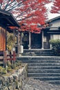 Red Japanese Maple Leaves in front of traditional house