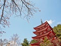 Red Japanese pagoda with blue sky