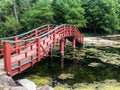 Red Japanese style bridge at botanical garden Royalty Free Stock Photo