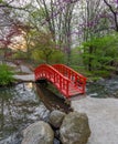 Red Japanese style bridge in Cranbrook gardens, Michigan Royalty Free Stock Photo