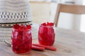 Red jelly, cut into dice, inside two glasses of glass Royalty Free Stock Photo