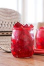 Red jelly, cut into dice, inside two glasses of glass Royalty Free Stock Photo