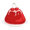 Red jelly dessert with dripping sauce and two cherries on top. Sweet pudding jelly on a plate vector illustration