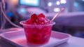 Red jelly in a plastic cup with a spoon in a medical setting. Royalty Free Stock Photo