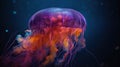 Red Jellyfish dansing in the dark blue ocean water, generative ai