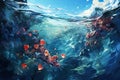 Red jellyfish floating in blue sea water. 3d render illustration generative AI Generative AI Royalty Free Stock Photo