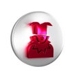 Red Joker head icon isolated on transparent background. Jester sign. Silver circle button.