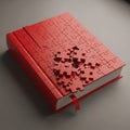 Red journal cover unfinished puzzle pieces scattered on surface Royalty Free Stock Photo