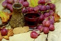Red jucie homemade wicker bottle and grapes Royalty Free Stock Photo