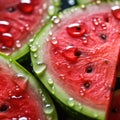 Red and juicy pulp of ripe watermelon close-up with black seeds inside Royalty Free Stock Photo