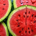 Red and juicy pulp of ripe watermelon close-up with black seeds inside Royalty Free Stock Photo