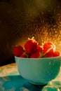 red juicy ripe strawberries in a blue vase on a black background. Drops of water, warm sunshine, back light, vertical / Royalty Free Stock Photo