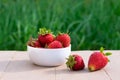 Red juicy strawberries in white bowl on blurred green background with bokeh effect