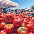 red juicy tomatoes at the farmers market. Agriculture concept. Harvest of tomatoes. generative ai.
