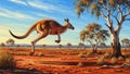 Red kangaroo leaping through the Australian outback at sunset Royalty Free Stock Photo