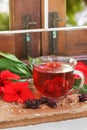 Red karkade hibiscus red sorrel tea in glass mug with dry tea cu