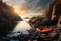 Red kayak on a rocky beach at sunset in Cape BretonScotia, Canada, Red kayak and man camping on coastal rocks, AI Generated