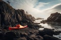 Red kayak on a rocky shore in the morning. 3D Rendering, A red kayak and a man camping on coastal rocks, AI Generated