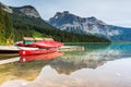 Red kayaks at Emerald Lake in Canadian Rockies, Yoho National Park, Alberta, Canada Royalty Free Stock Photo