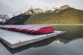 Red kayaks, Lake Louise, Banff National Park, Alberta, Canada Royalty Free Stock Photo