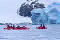 Red Kayaks Tourists Snow Glaciers Mountains Charlotte Bay Antarctica