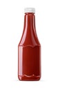 Red ketchup or tomato sauce in transparent plastic PET squeeze bottle isolated on a white