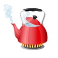 Red kettle with boiling water on kitchen stove flame Royalty Free Stock Photo