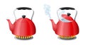 Red kettle with boiling water on kitchen stove flame Royalty Free Stock Photo