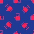 Red Kettle with handle icon isolated seamless pattern on blue background. Teapot icon. Vector Royalty Free Stock Photo