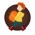 Red kid boy holding pumpkin on Halloween or thanksgiving festival. Royalty Free Stock Photo