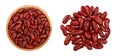 red kidney bean in wooden bowl isolated on white background. Top view. Flat lay Royalty Free Stock Photo