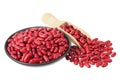 red kidney beans in black bowl with wooden spoon isolated on white background Royalty Free Stock Photo